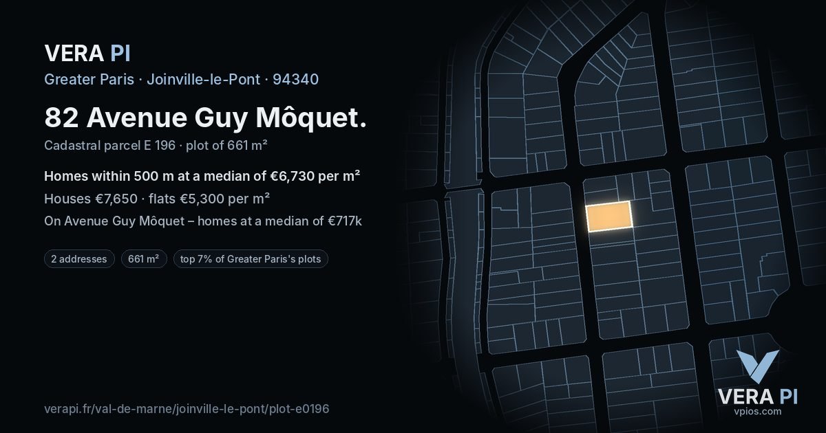 82 Avenue Guy Môquet, Joinville-le-Pont at night – the plot lit, the parcels around coloured by the prices near them