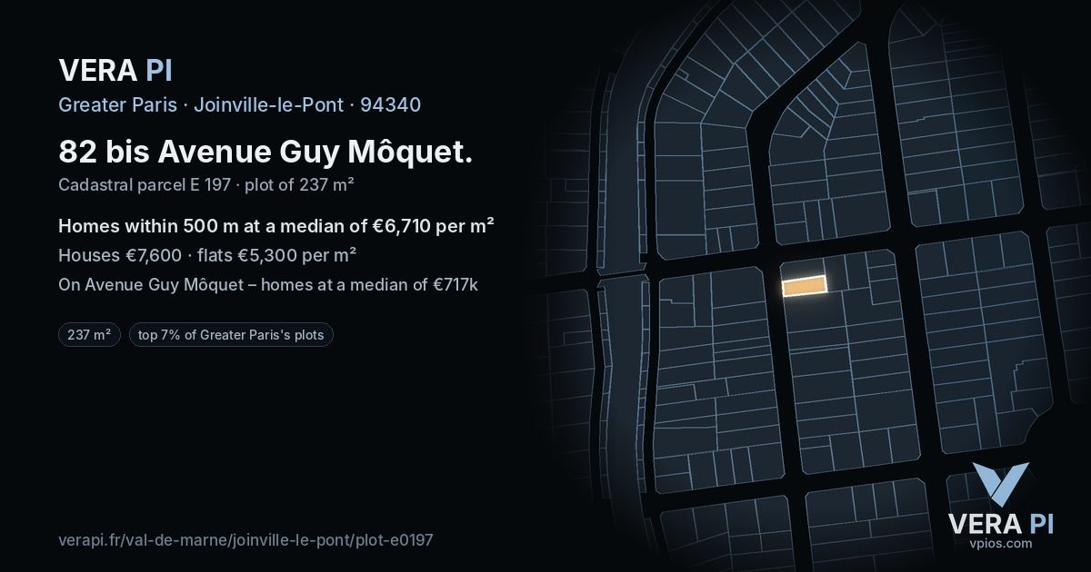 82 bis Avenue Guy Môquet, Joinville-le-Pont at night – the plot lit, the parcels around coloured by the prices near them