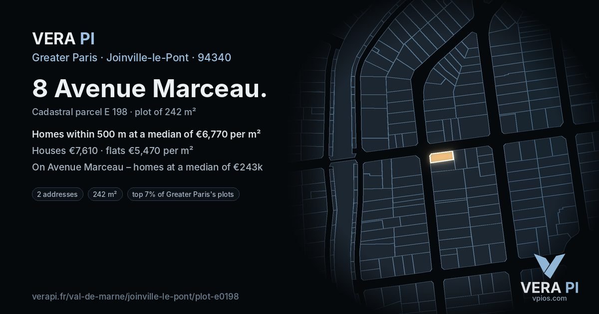 8 Avenue Marceau, Joinville-le-Pont at night – the plot lit, the parcels around coloured by the prices near them