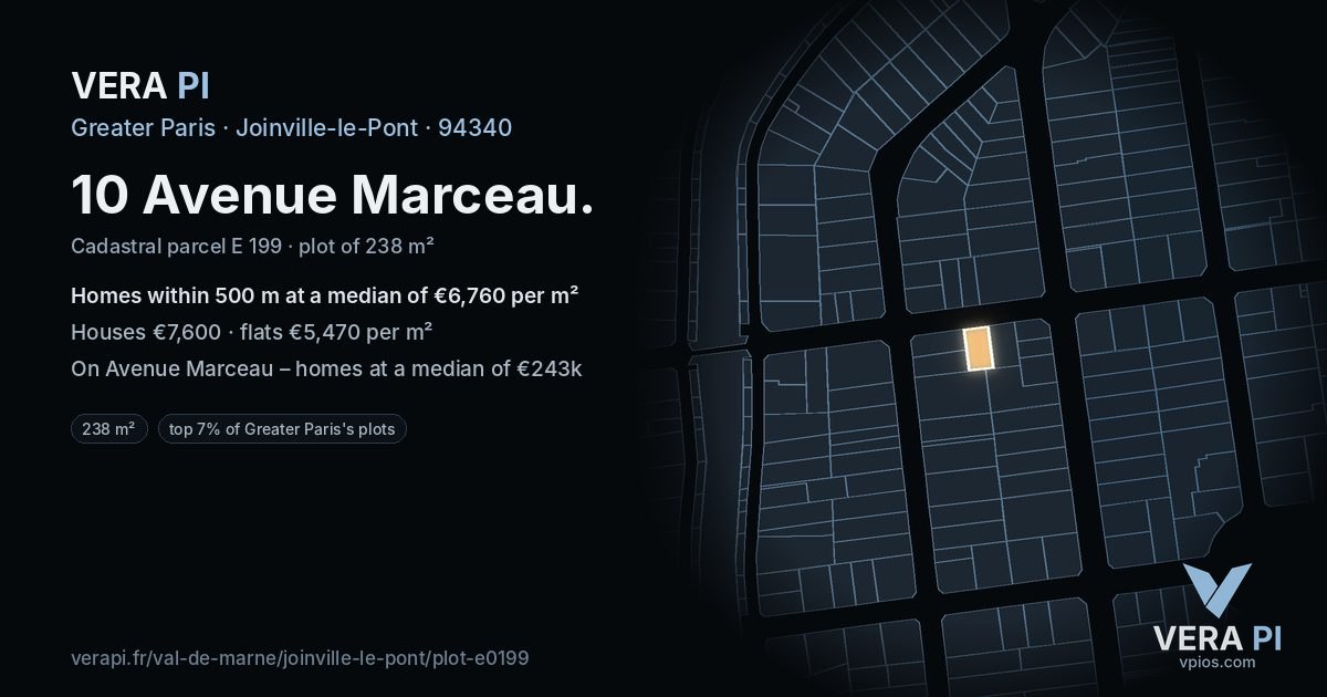 10 Avenue Marceau, Joinville-le-Pont at night – the plot lit, the parcels around coloured by the prices near them