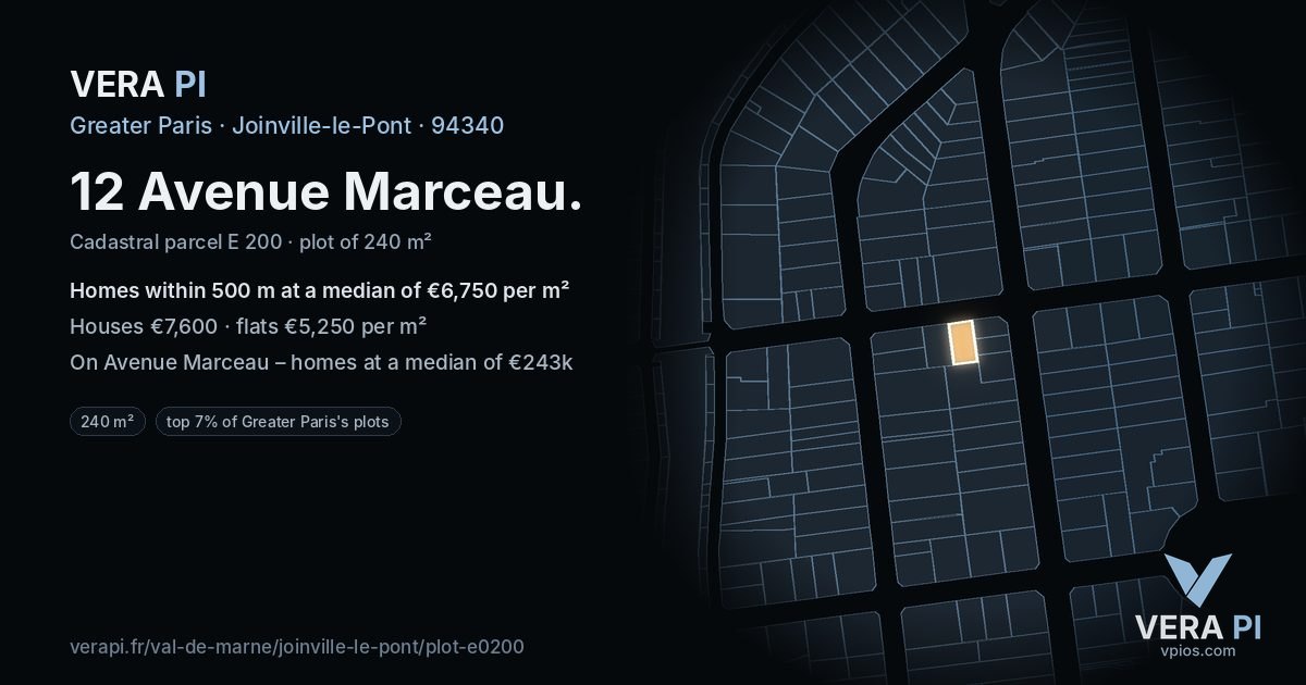 12 Avenue Marceau, Joinville-le-Pont at night – the plot lit, the parcels around coloured by the prices near them