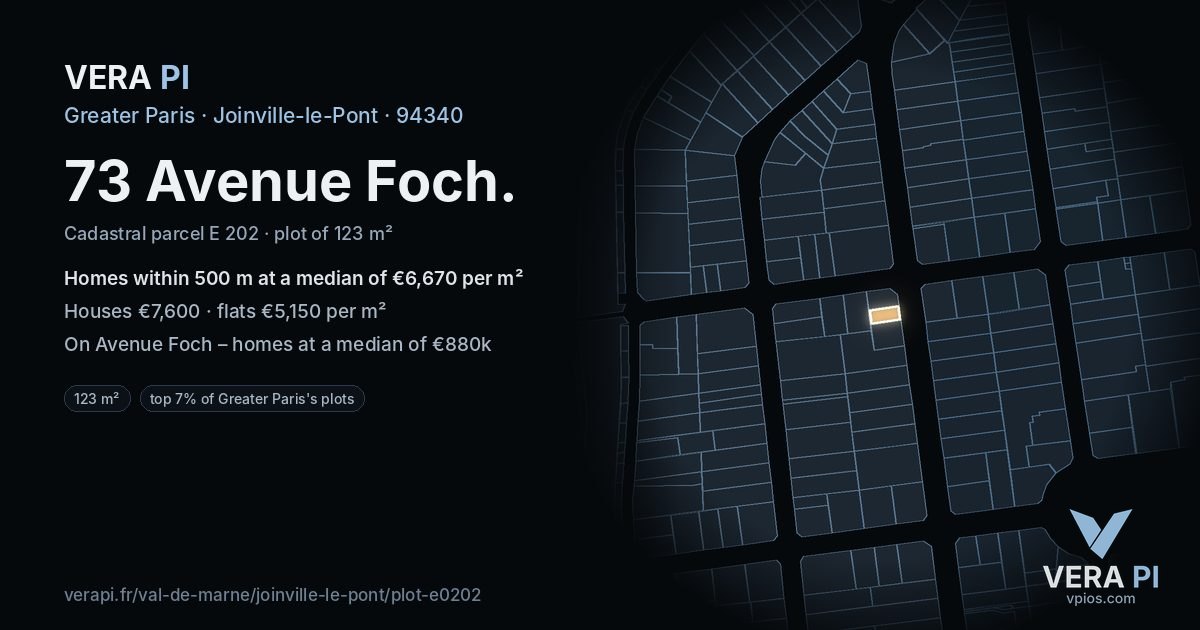 73 Avenue Foch, Joinville-le-Pont at night – the plot lit, the parcels around coloured by the prices near them