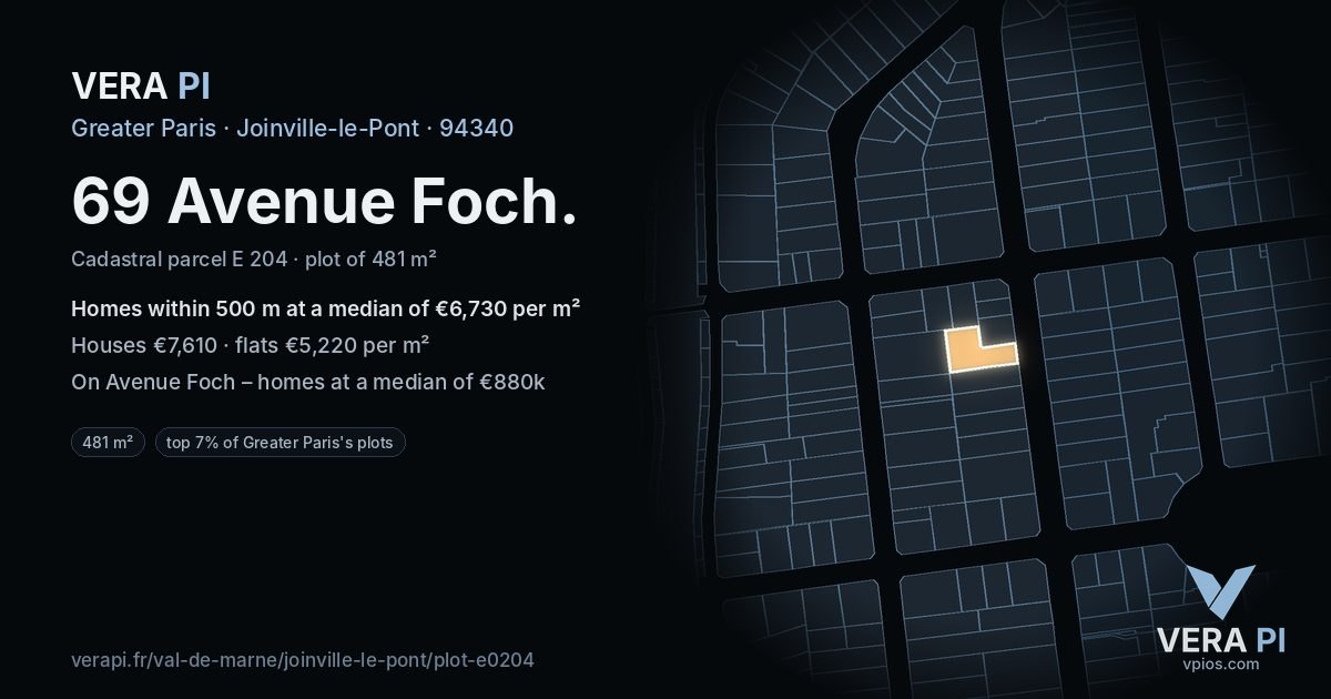 69 Avenue Foch, Joinville-le-Pont at night – the plot lit, the parcels around coloured by the prices near them