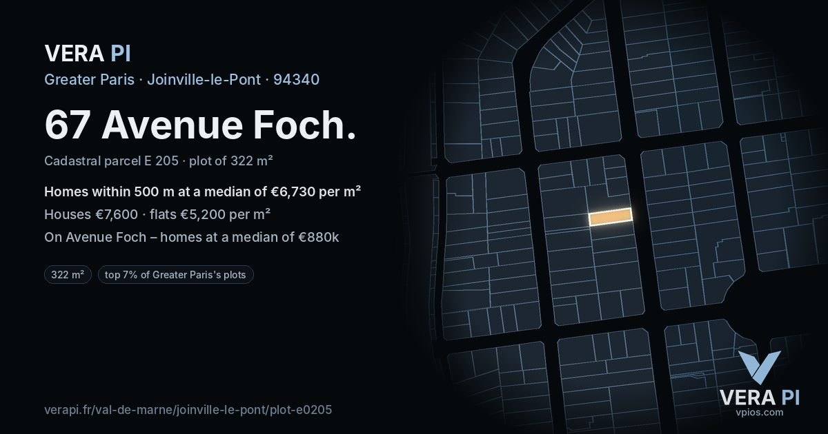 67 Avenue Foch, Joinville-le-Pont at night – the plot lit, the parcels around coloured by the prices near them