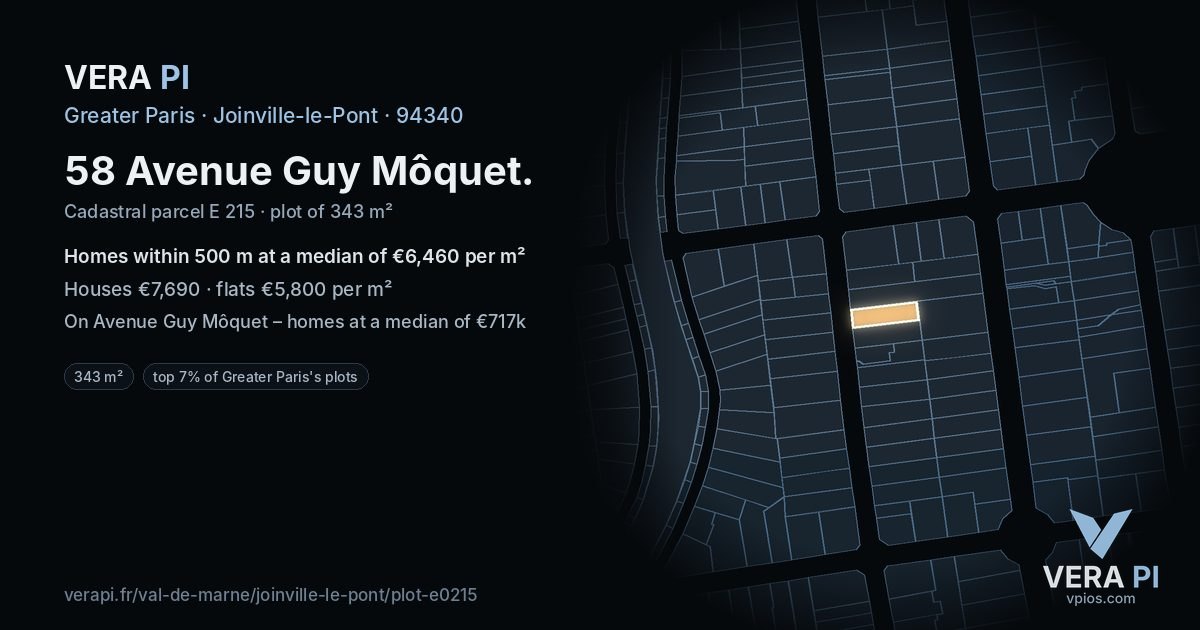 58 Avenue Guy Môquet, Joinville-le-Pont at night – the plot lit, the parcels around coloured by the prices near them
