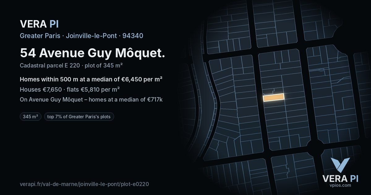 54 Avenue Guy Môquet, Joinville-le-Pont at night – the plot lit, the parcels around coloured by the prices near them
