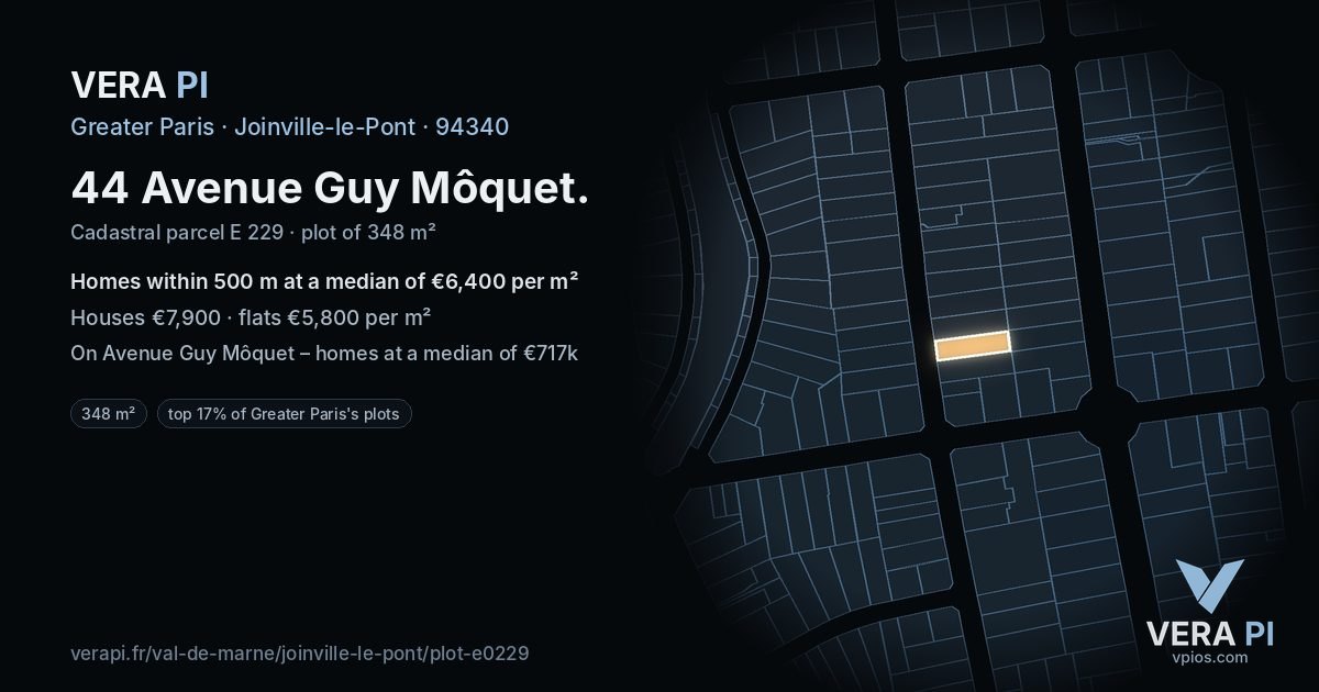 44 Avenue Guy Môquet, Joinville-le-Pont at night – the plot lit, the parcels around coloured by the prices near them