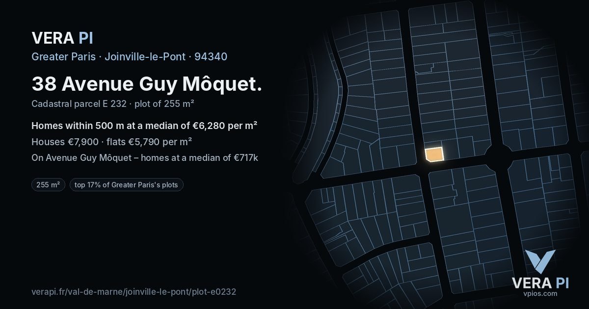 38 Avenue Guy Môquet, Joinville-le-Pont at night – the plot lit, the parcels around coloured by the prices near them