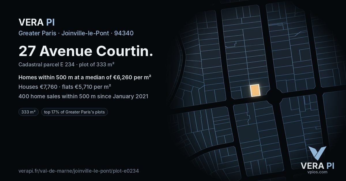 27 Avenue Courtin, Joinville-le-Pont at night – the plot lit, the parcels around coloured by the prices near them
