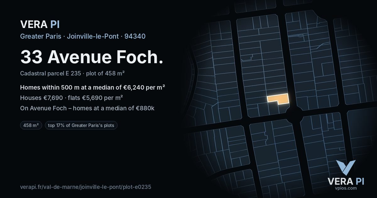 33 Avenue Foch, Joinville-le-Pont at night – the plot lit, the parcels around coloured by the prices near them