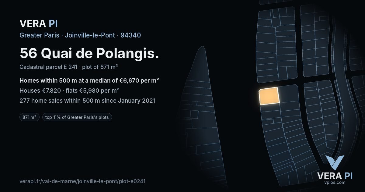 56 Quai de Polangis, Joinville-le-Pont at night – the plot lit, the parcels around coloured by the prices near them