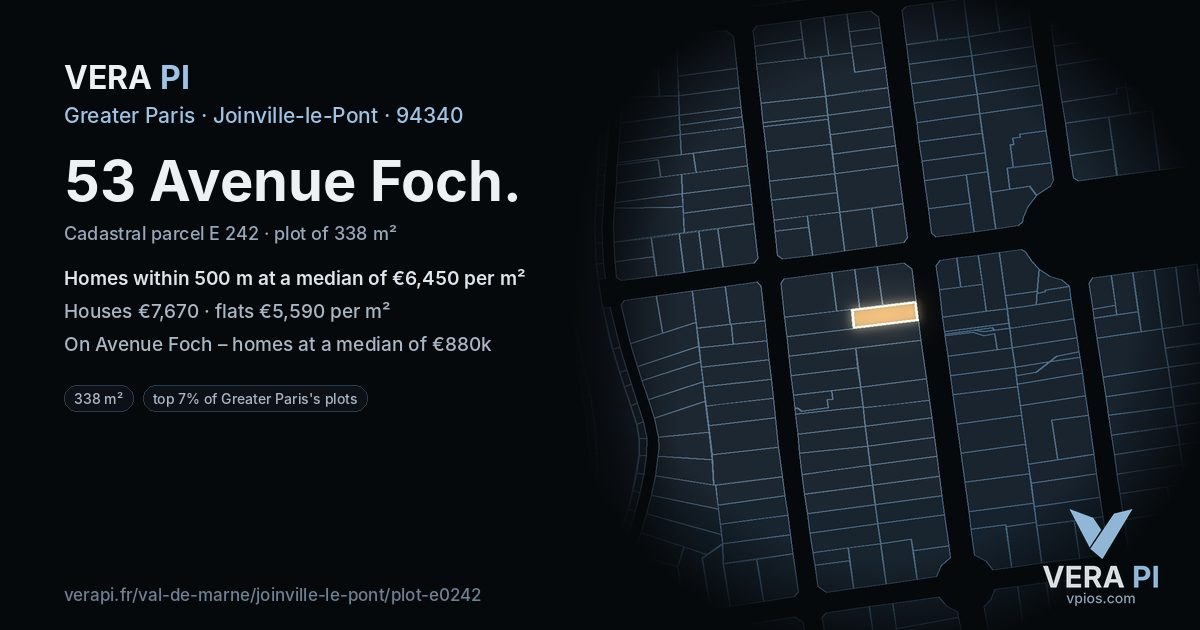 53 Avenue Foch, Joinville-le-Pont at night – the plot lit, the parcels around coloured by the prices near them
