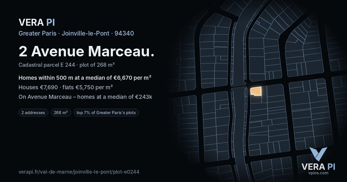 2 Avenue Marceau, Joinville-le-Pont at night – the plot lit, the parcels around coloured by the prices near them