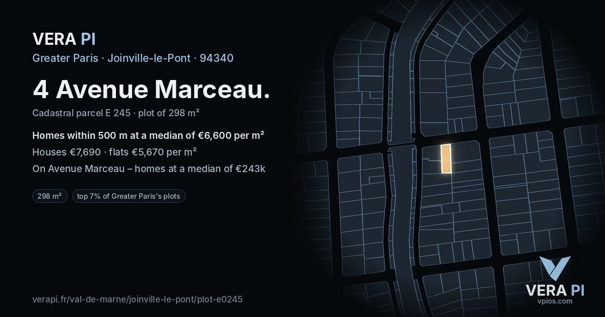 4 Avenue Marceau, Joinville-le-Pont at night – the plot lit, the parcels around coloured by the prices near them