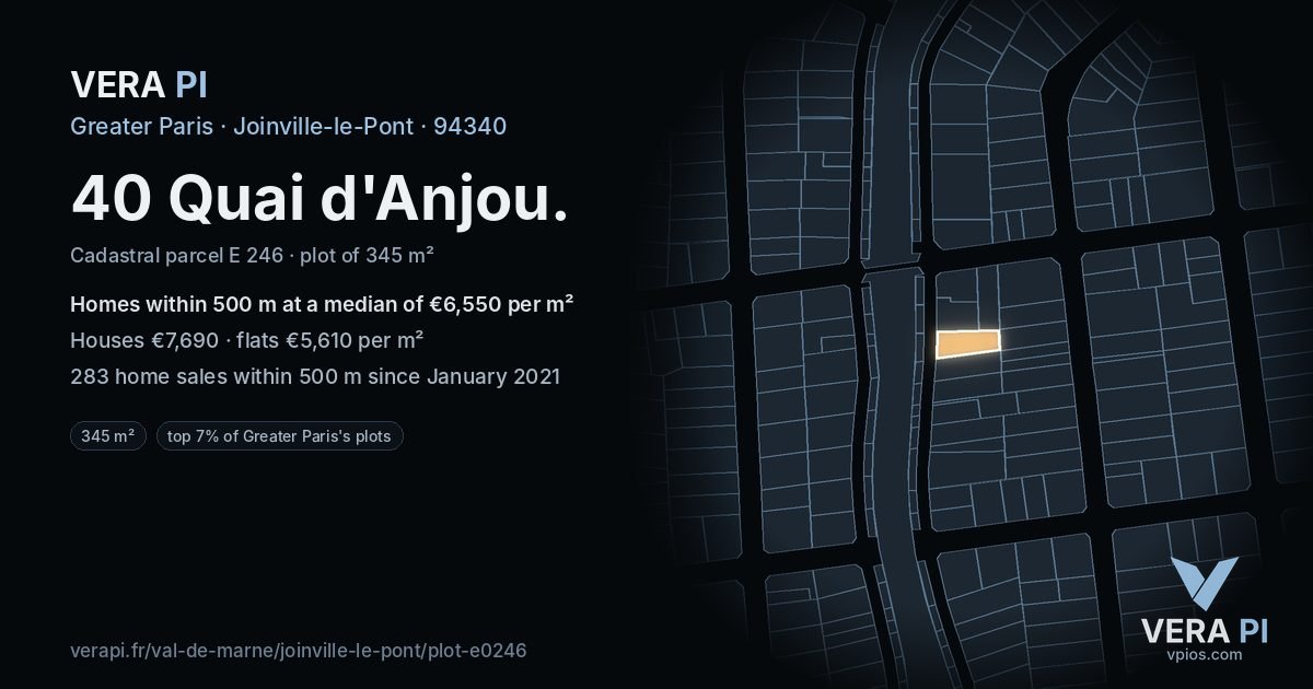 40 Quai d'Anjou, Joinville-le-Pont at night – the plot lit, the parcels around coloured by the prices near them