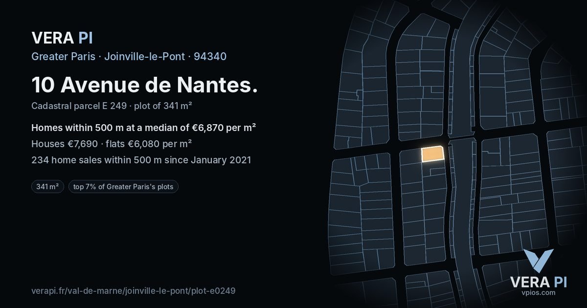 10 Avenue de Nantes, Joinville-le-Pont at night – the plot lit, the parcels around coloured by the prices near them