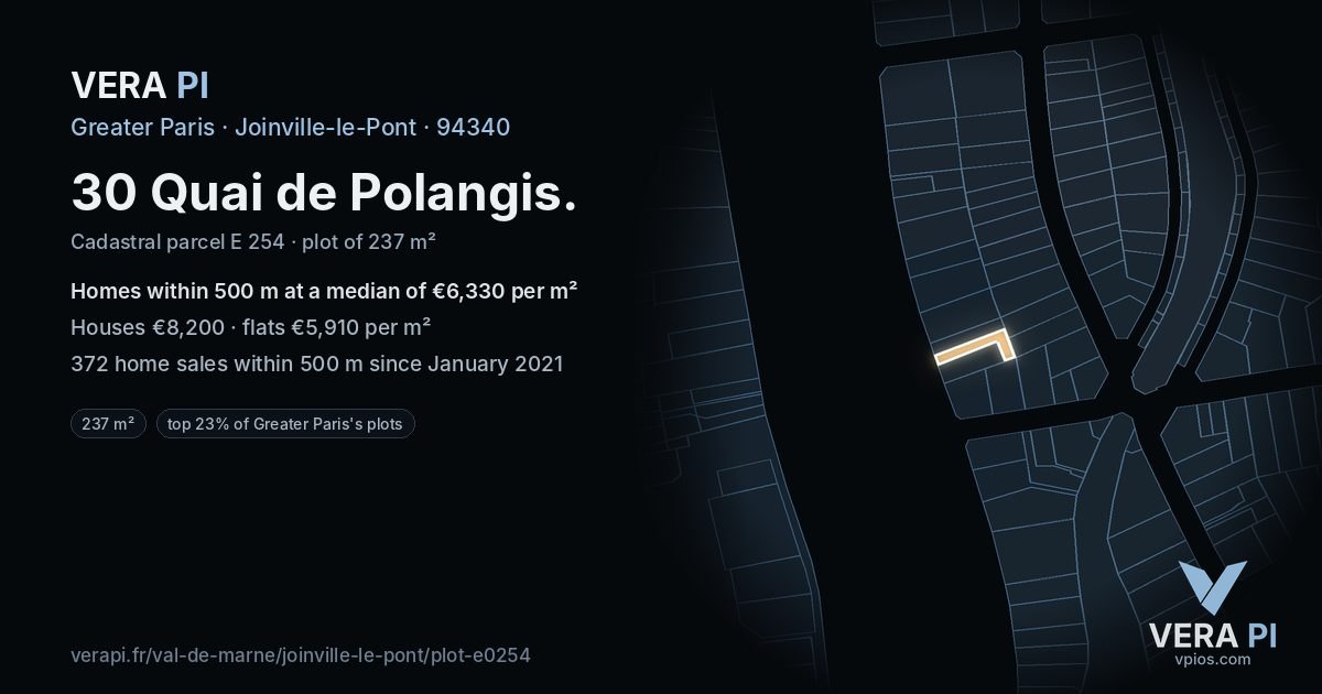 30 Quai de Polangis, Joinville-le-Pont at night – the plot lit, the parcels around coloured by the prices near them
