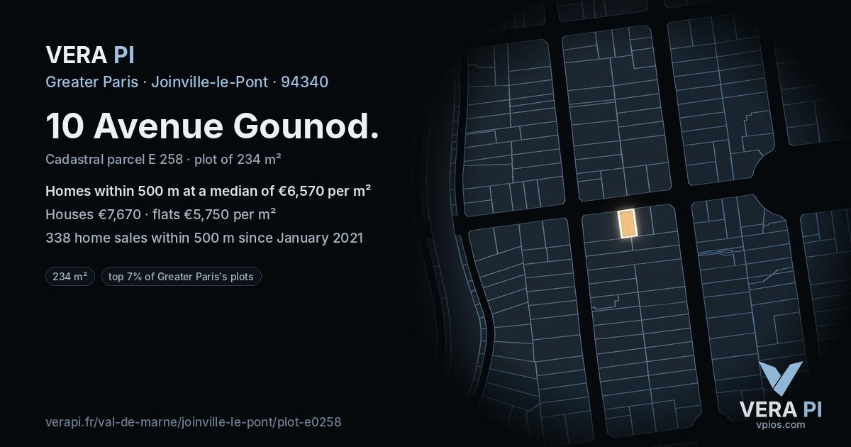 10 Avenue Gounod, Joinville-le-Pont at night – the plot lit, the parcels around coloured by the prices near them