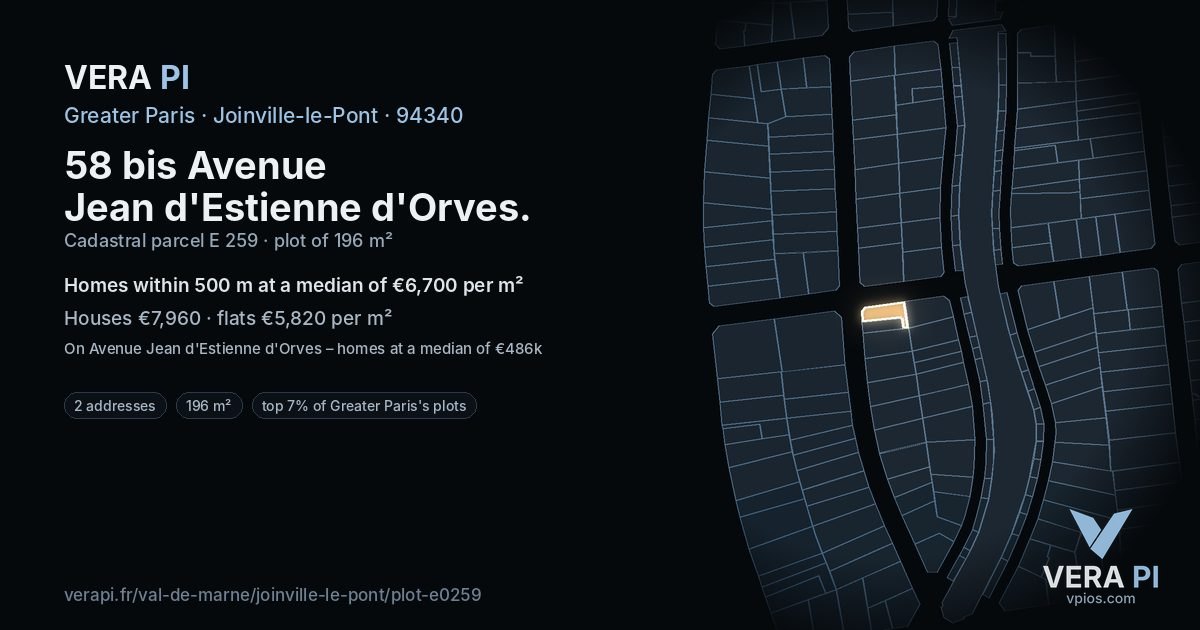 58 bis Avenue Jean d'Estienne d'Orves, Joinville-le-Pont at night – the plot lit, the parcels around coloured by the prices near them