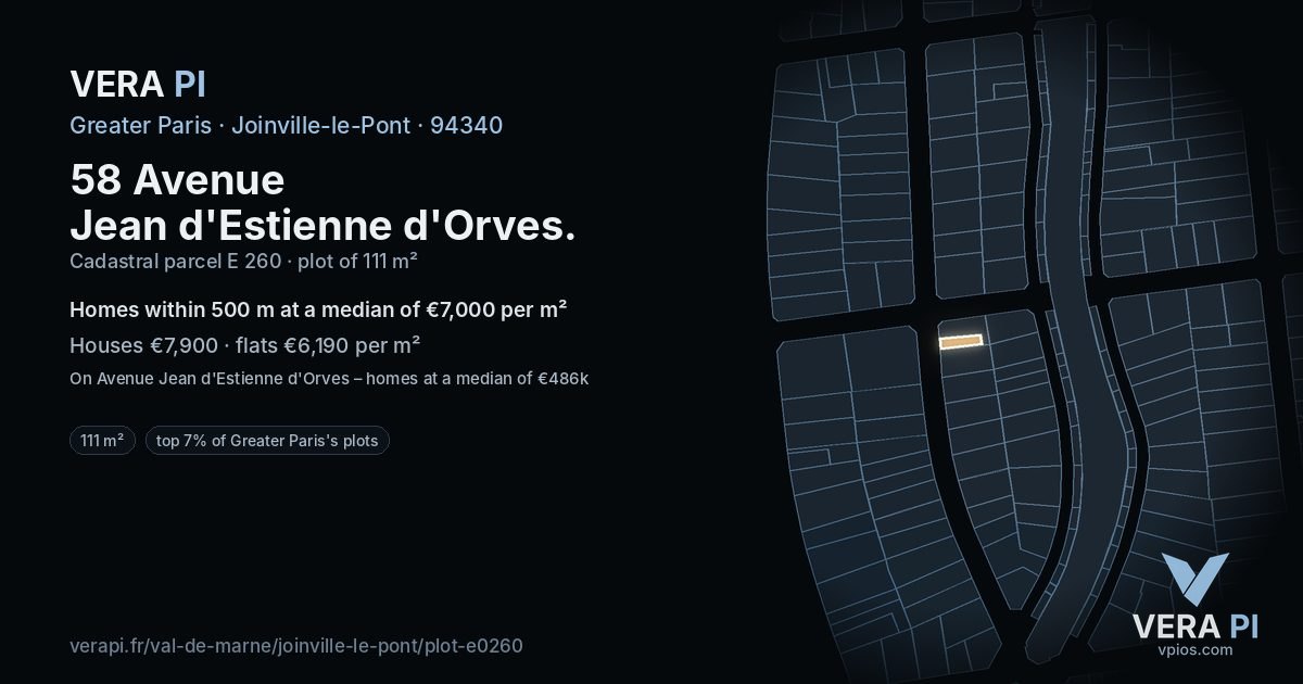 58 Avenue Jean d'Estienne d'Orves, Joinville-le-Pont at night – the plot lit, the parcels around coloured by the prices near them