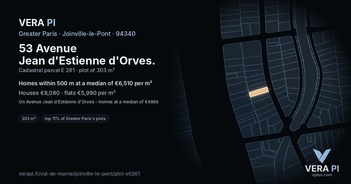53 Avenue Jean d'Estienne d'Orves, Joinville-le-Pont at night – the plot lit, the parcels around coloured by the prices near them