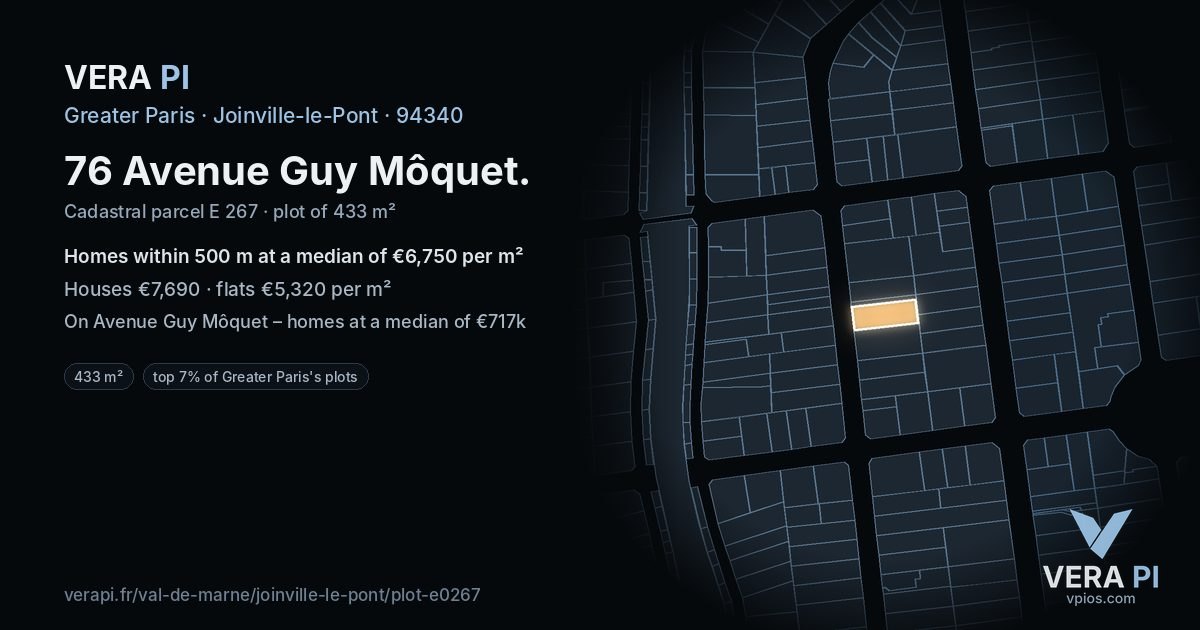 76 Avenue Guy Môquet, Joinville-le-Pont at night – the plot lit, the parcels around coloured by the prices near them