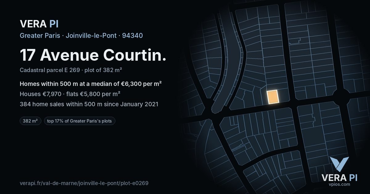 17 Avenue Courtin, Joinville-le-Pont at night – the plot lit, the parcels around coloured by the prices near them