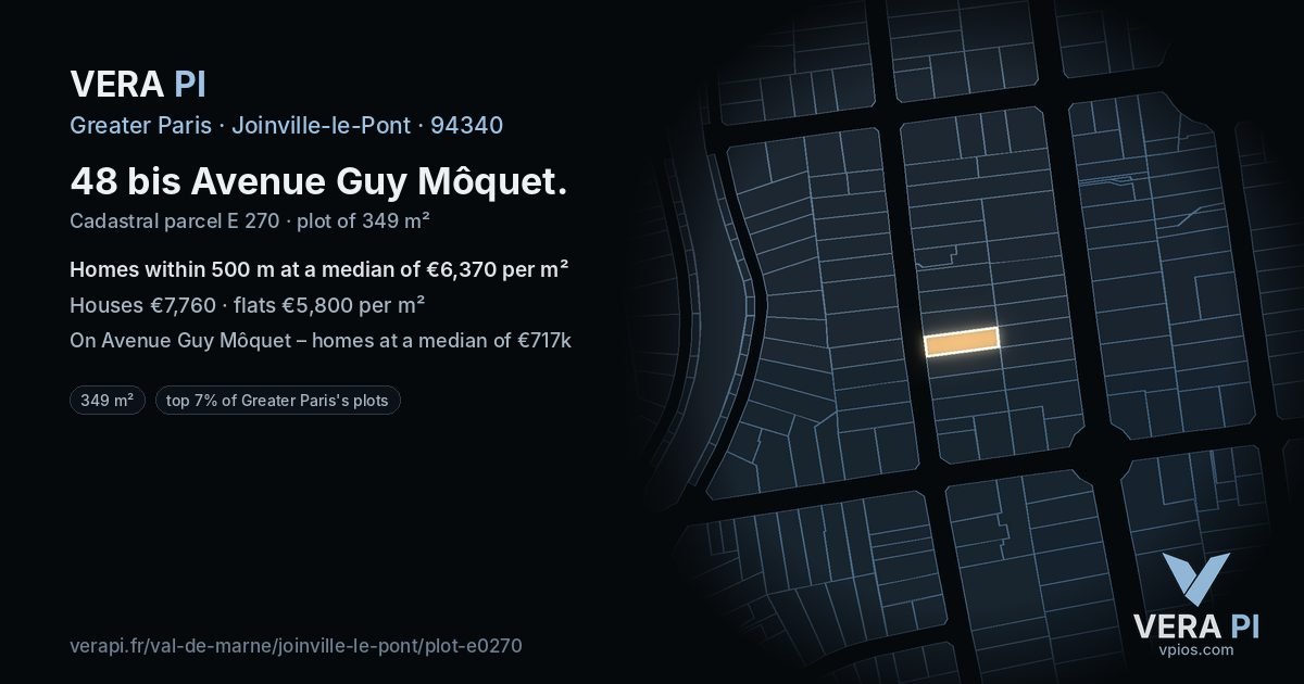 48 bis Avenue Guy Môquet, Joinville-le-Pont at night – the plot lit, the parcels around coloured by the prices near them