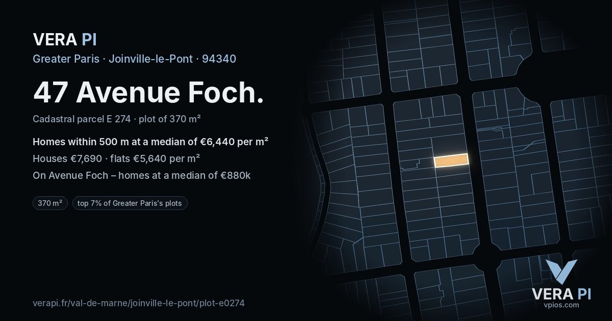 47 Avenue Foch, Joinville-le-Pont at night – the plot lit, the parcels around coloured by the prices near them