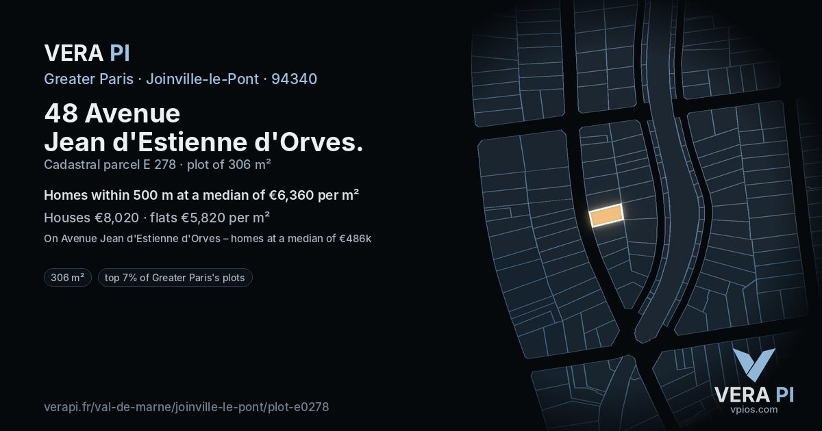 48 Avenue Jean d'Estienne d'Orves, Joinville-le-Pont at night – the plot lit, the parcels around coloured by the prices near them