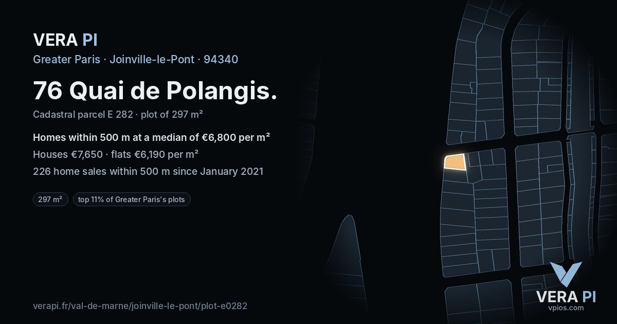 76 Quai de Polangis, Joinville-le-Pont at night – the plot lit, the parcels around coloured by the prices near them