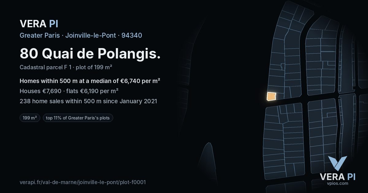 80 Quai de Polangis, Joinville-le-Pont at night – the plot lit, the parcels around coloured by the prices near them