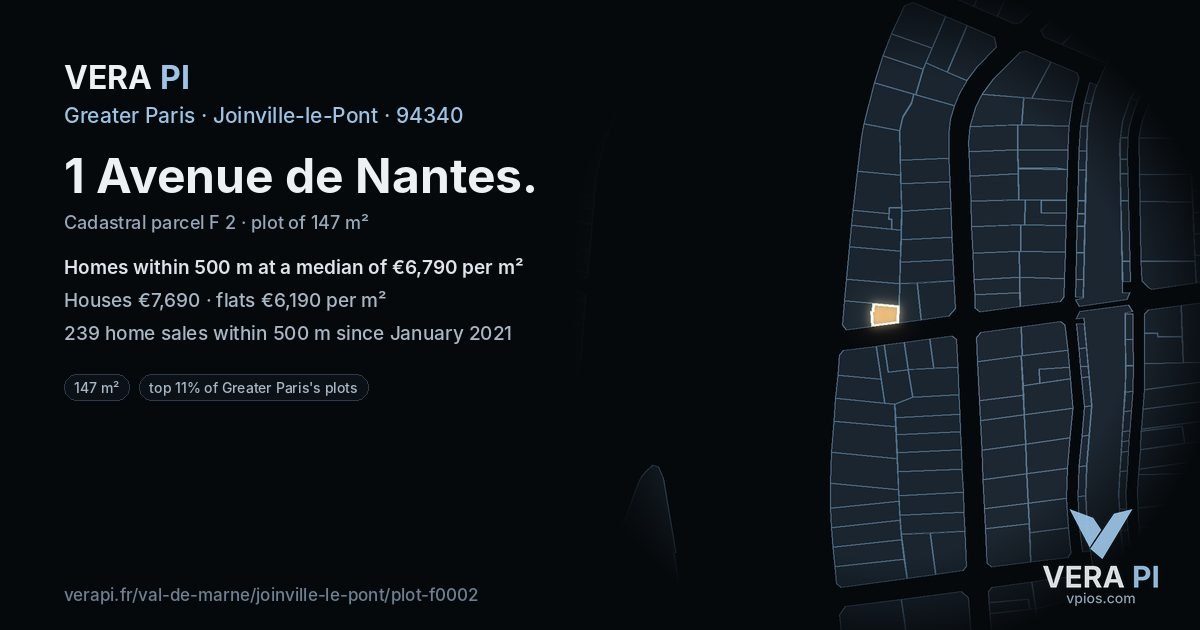1 Avenue de Nantes, Joinville-le-Pont at night – the plot lit, the parcels around coloured by the prices near them