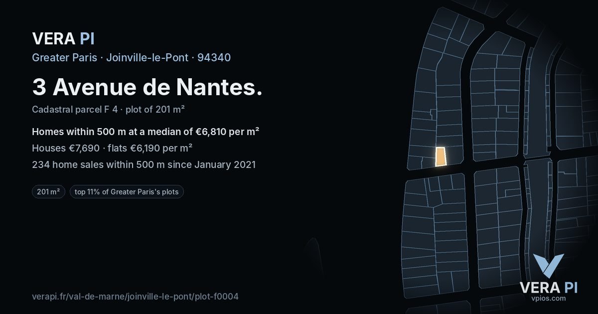 3 Avenue de Nantes, Joinville-le-Pont at night – the plot lit, the parcels around coloured by the prices near them