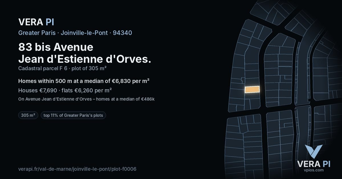 83 bis Avenue Jean d'Estienne d'Orves, Joinville-le-Pont at night – the plot lit, the parcels around coloured by the prices near them