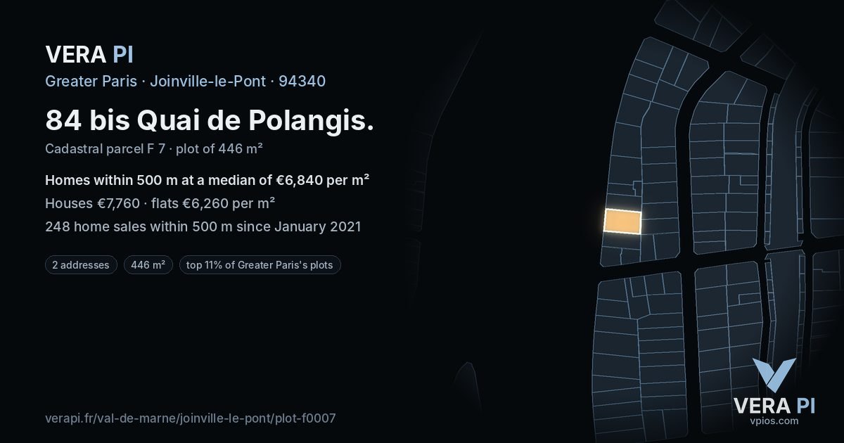 84 bis Quai de Polangis, Joinville-le-Pont at night – the plot lit, the parcels around coloured by the prices near them