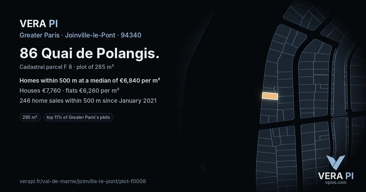 86 Quai de Polangis, Joinville-le-Pont at night – the plot lit, the parcels around coloured by the prices near them