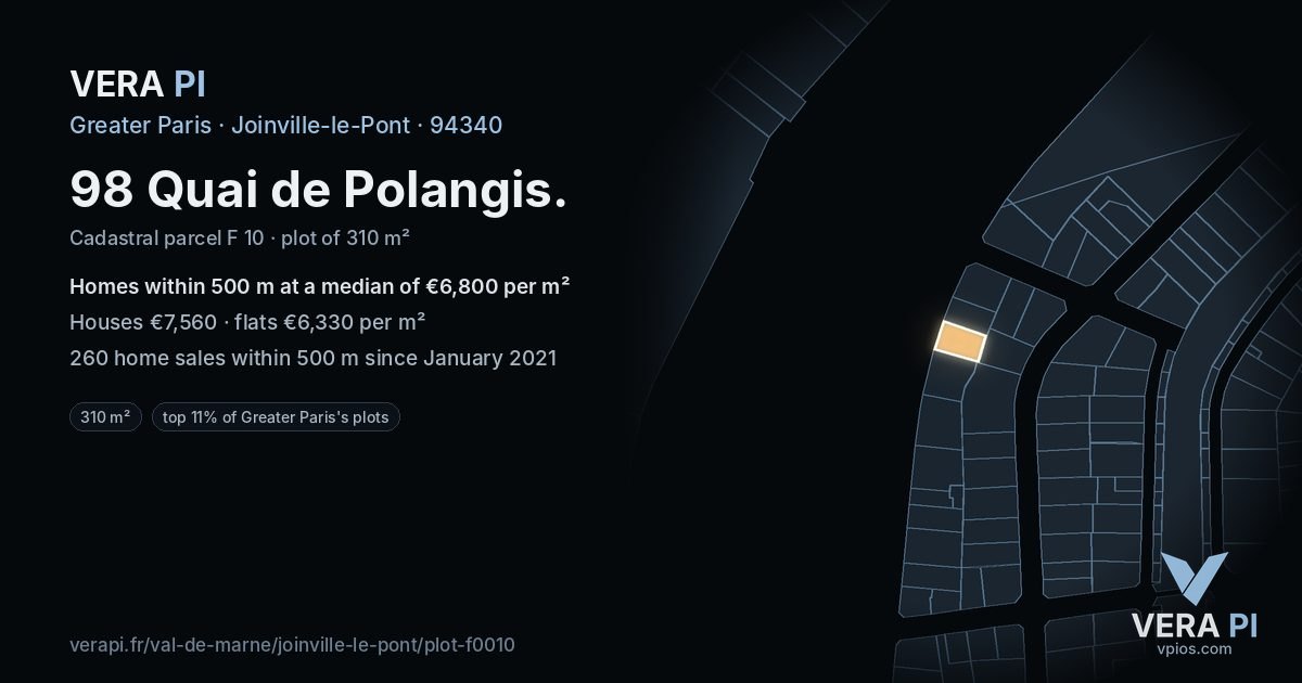 98 Quai de Polangis, Joinville-le-Pont at night – the plot lit, the parcels around coloured by the prices near them