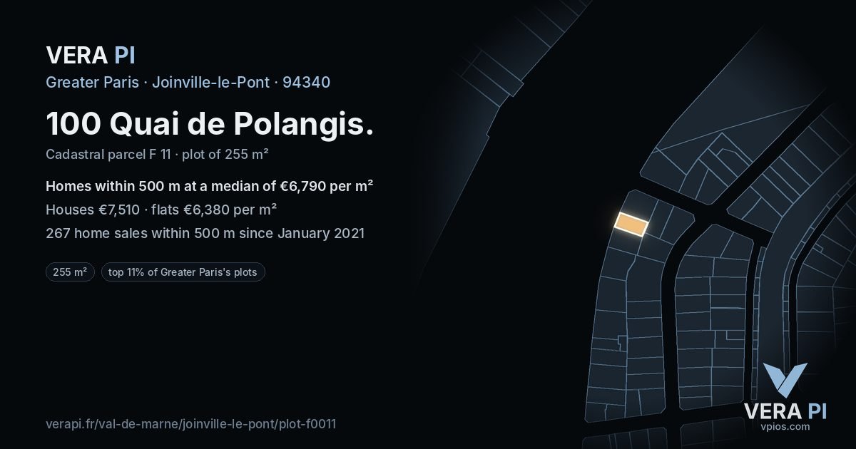 100 Quai de Polangis, Joinville-le-Pont at night – the plot lit, the parcels around coloured by the prices near them