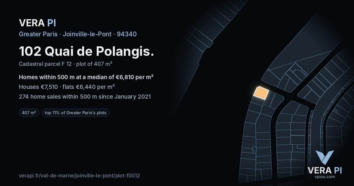 102 Quai de Polangis, Joinville-le-Pont at night – the plot lit, the parcels around coloured by the prices near them