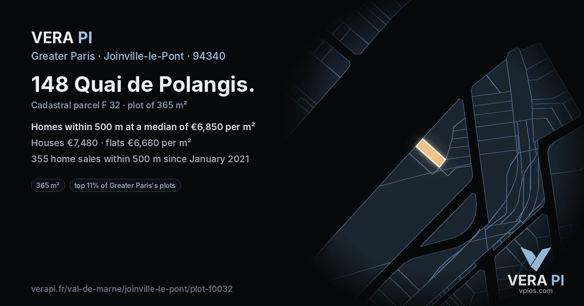 148 Quai de Polangis, Joinville-le-Pont at night – the plot lit, the parcels around coloured by the prices near them