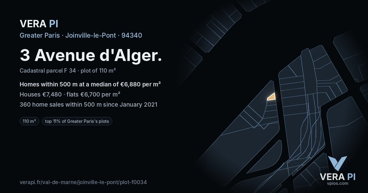 3 Avenue d'Alger, Joinville-le-Pont at night – the plot lit, the parcels around coloured by the prices near them