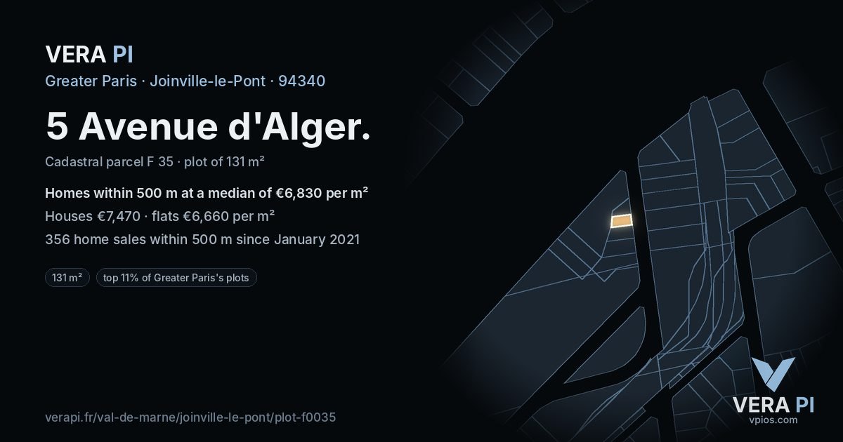 5 Avenue d'Alger, Joinville-le-Pont at night – the plot lit, the parcels around coloured by the prices near them
