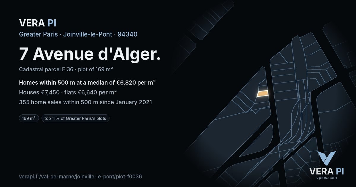 7 Avenue d'Alger, Joinville-le-Pont at night – the plot lit, the parcels around coloured by the prices near them