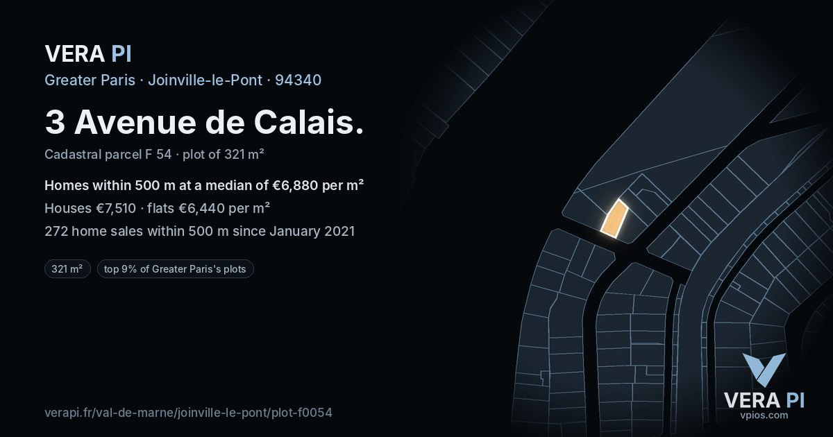 3 Avenue de Calais, Joinville-le-Pont at night – the plot lit, the parcels around coloured by the prices near them