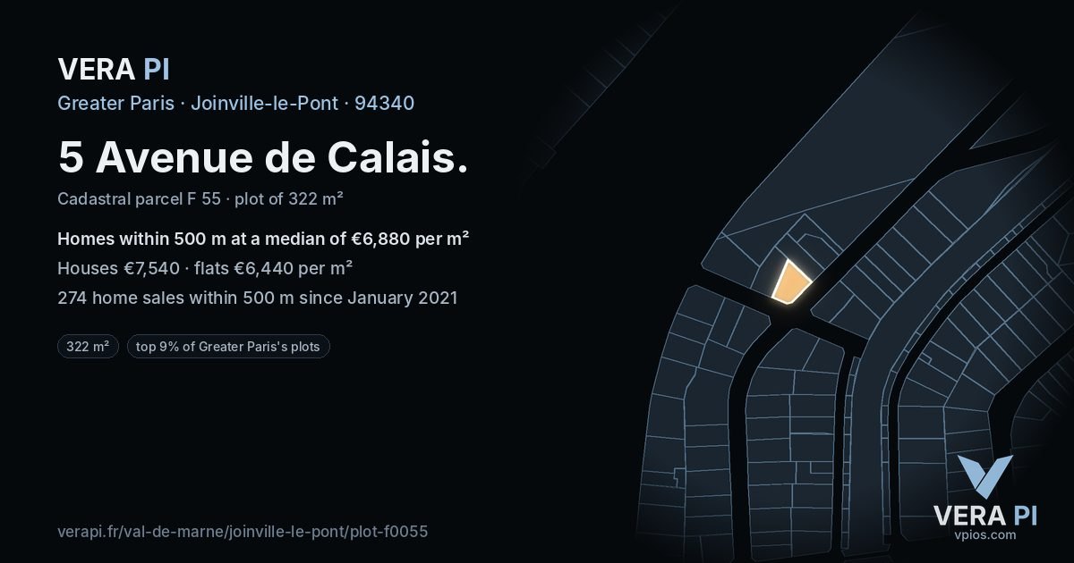 5 Avenue de Calais, Joinville-le-Pont at night – the plot lit, the parcels around coloured by the prices near them