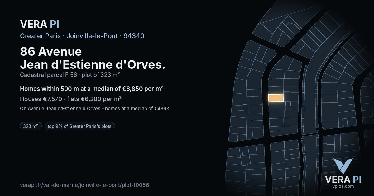 86 Avenue Jean d'Estienne d'Orves, Joinville-le-Pont at night – the plot lit, the parcels around coloured by the prices near them