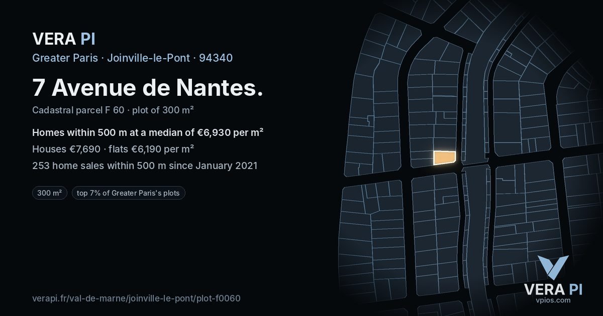 7 Avenue de Nantes, Joinville-le-Pont at night – the plot lit, the parcels around coloured by the prices near them