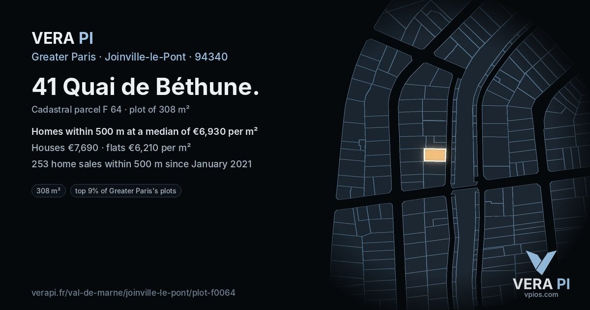 41 Quai de Béthune, Joinville-le-Pont at night – the plot lit, the parcels around coloured by the prices near them