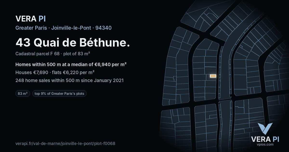 43 Quai de Béthune, Joinville-le-Pont at night – the plot lit, the parcels around coloured by the prices near them